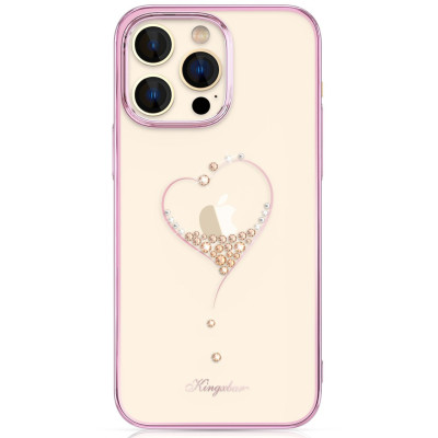   Луксозен твърд гръб оригинален KINGXBAR кристално прозрачен с камъни за Apple iPhone 14 Pro 6.1 сърце със златисто розов кант / rose gold